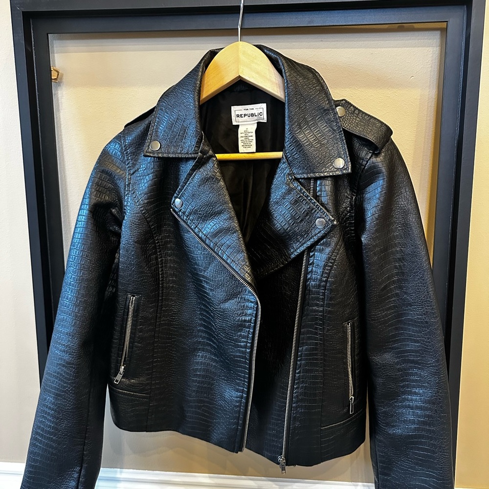 For The Republic Textured Black Leather Jacket
